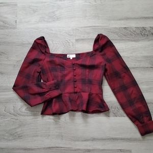 By The Way. Red Plaid Crop Top with Ruffles Small